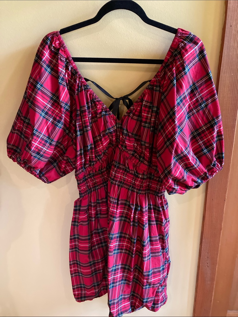 Old Navy Red Plaid Puff-Sleeve Casual Dress